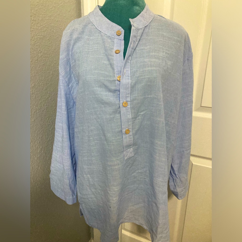NWT Two-Sided blue and white striped half button up long sleeve blouse 2XL